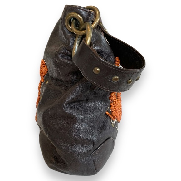 CHI BY CARLOS FALCHI BROWN LEATHER BEADED & EMBROIDERED SHOULDER BAG - Picture 3 of 7